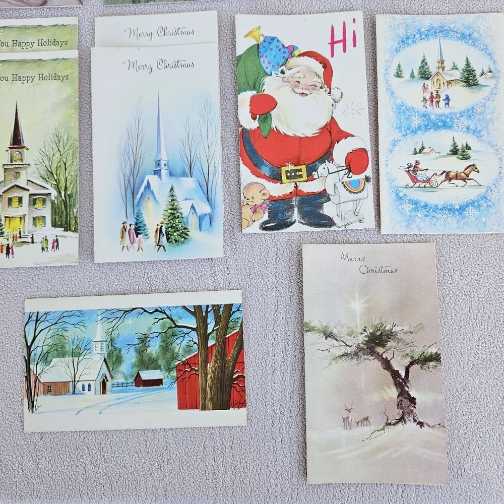 VTG Christmas Card Set of 16 Holiday Greeting Church Snow Deer Santa Mailbox